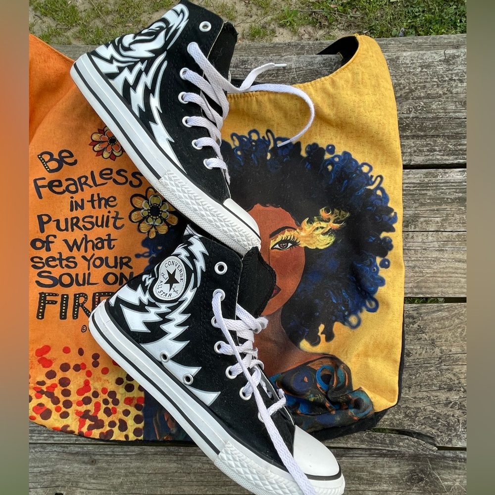 Converse All Star Hi Tops Drew Brophy Art Pre-Owned Blk Sneakers Jr 4 Women’s 6
